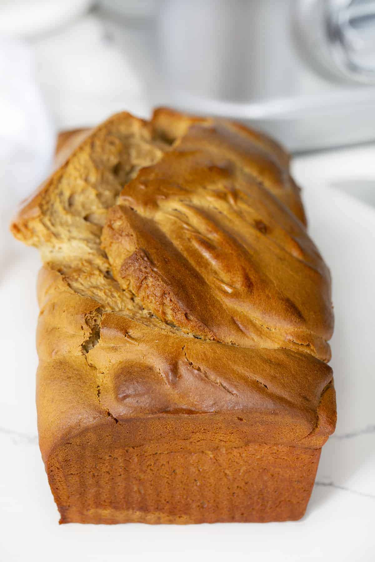 Loaf of Blender Peanut Butter Bread on Marble Counter