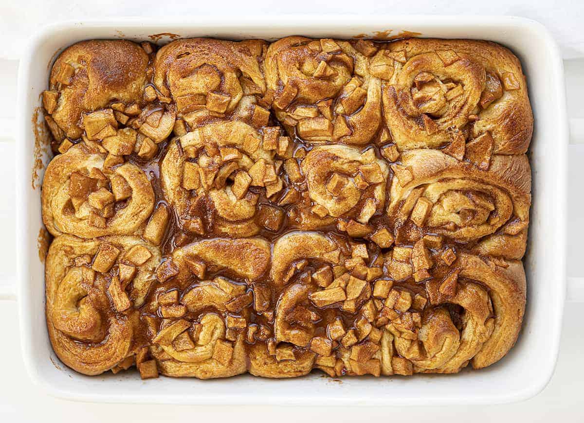 Overhead View of Apple Rolls in Pan Baked and Ready to Serve