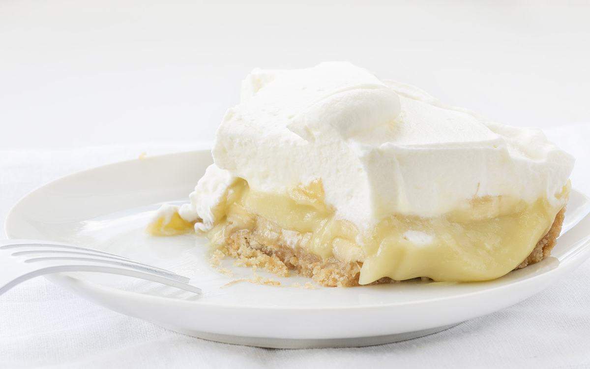 Slice of Half Eaten Banana Cream Pie with White Fork