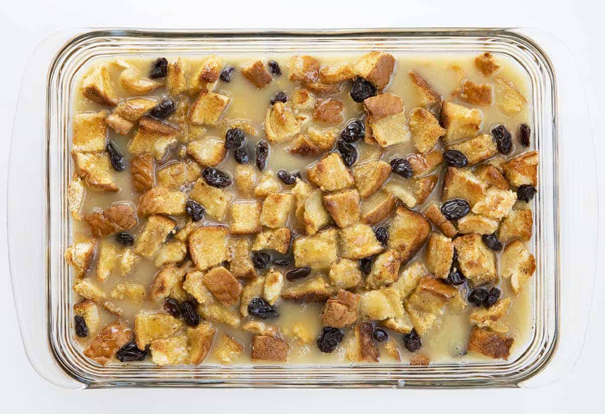 Overhead Image Showing Baking Bread Pudding with Raisins