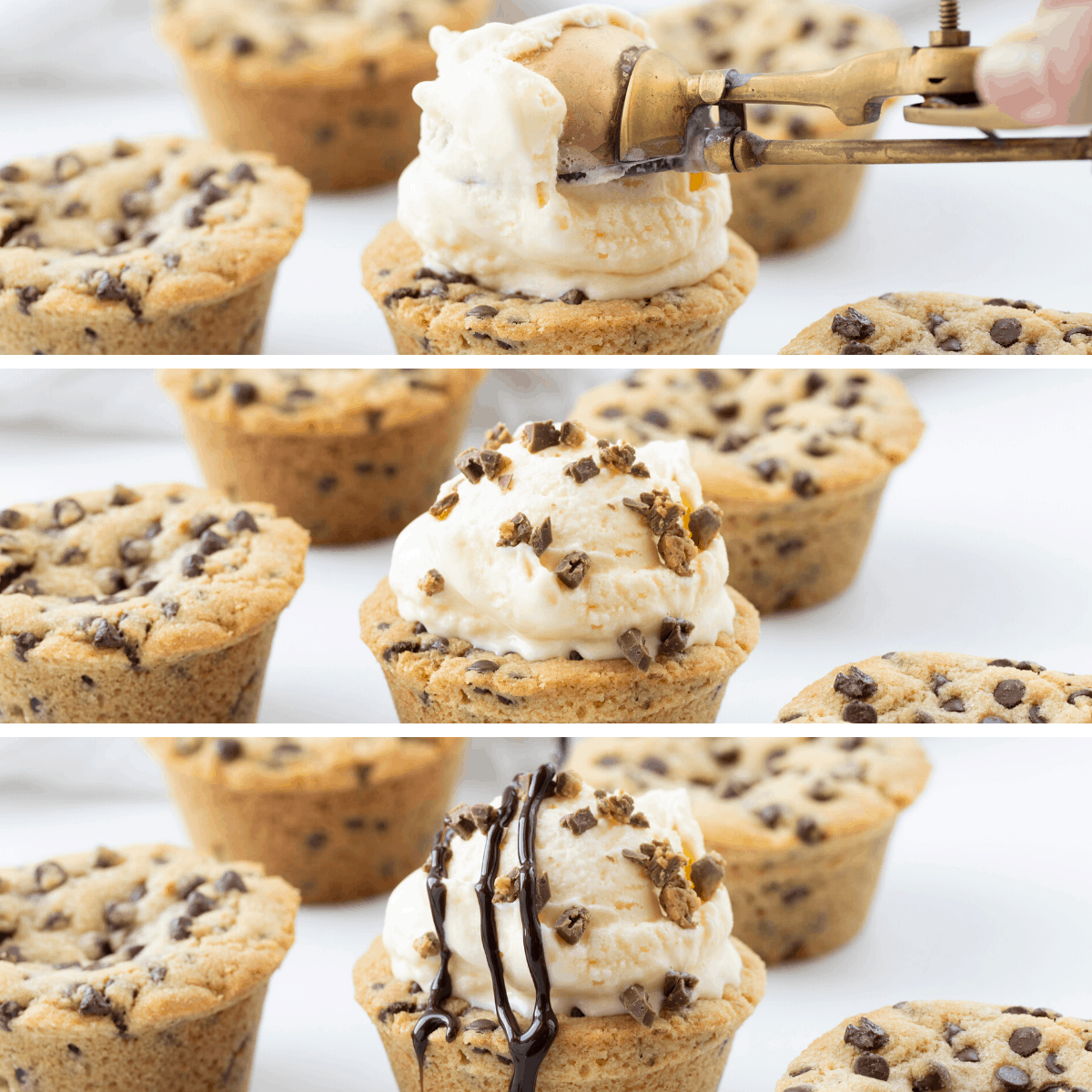 3 images in collage showing how to add ice cream, chopped Reese's peanut butter cups, and hot fudge to a chocolate chip cookie cup