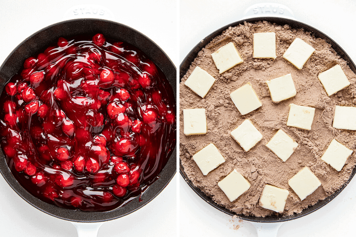 Process Shots of Adding Cherries to Pan and then Butter on Cake Mix for Chocolate Cherry Dump Cake Recipe