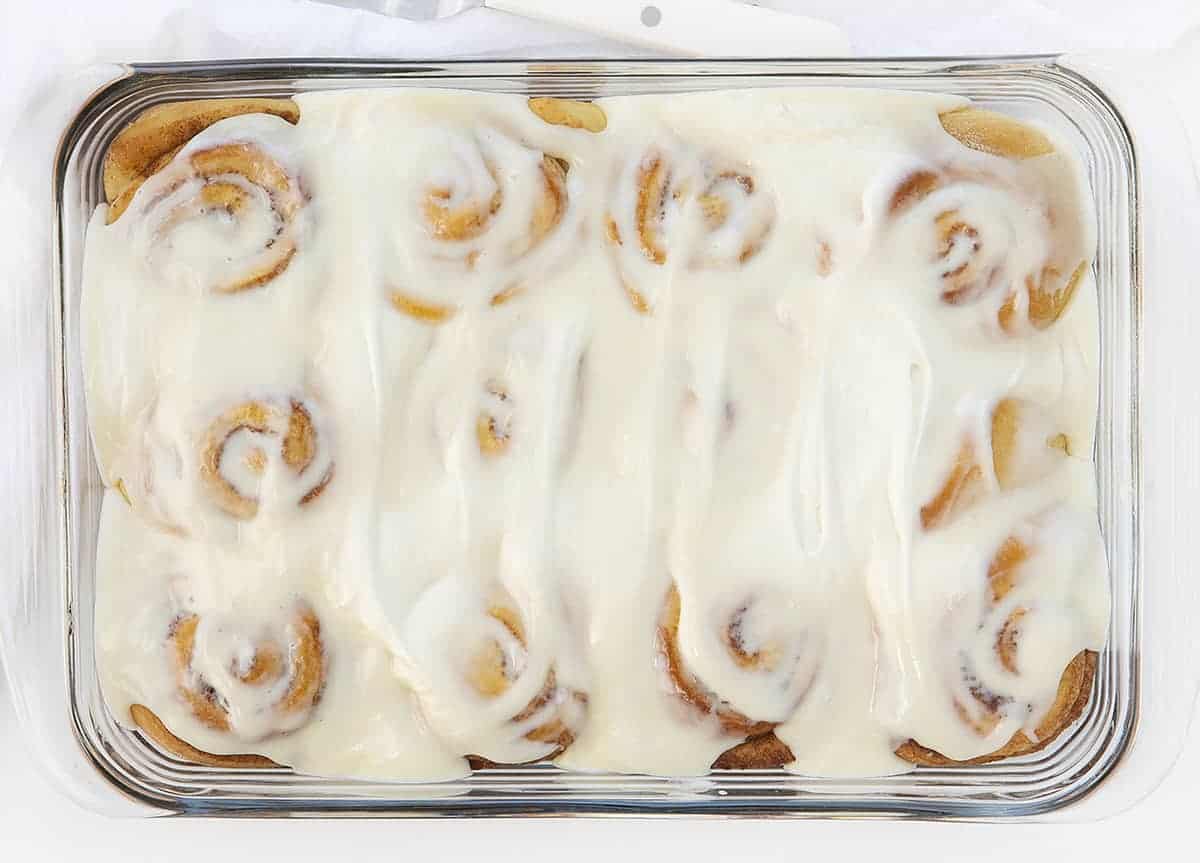 Overhead Image of Cinnamon Rolls in Pan with Cream Cheese Frosting