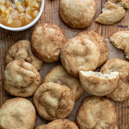 Apple Pie Snickerdoodles on a wooden table from overhead.