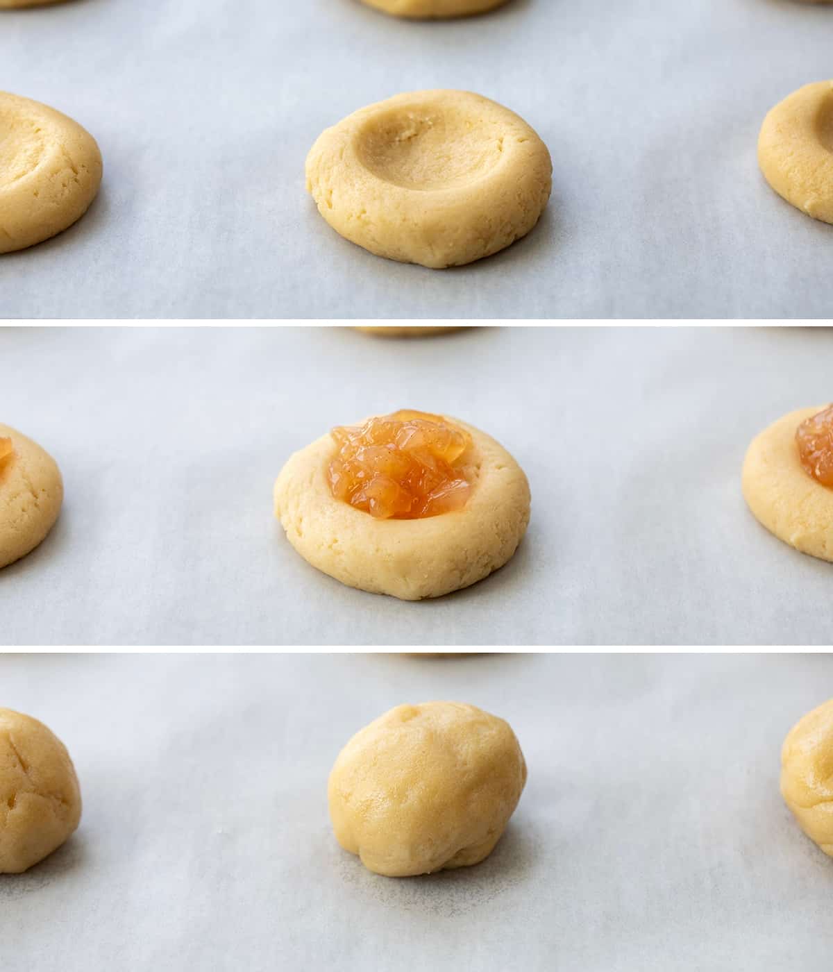 Assembling process for Apple Pie Snickerdoodles with raw dough, apple pie filling, and sealing dough.