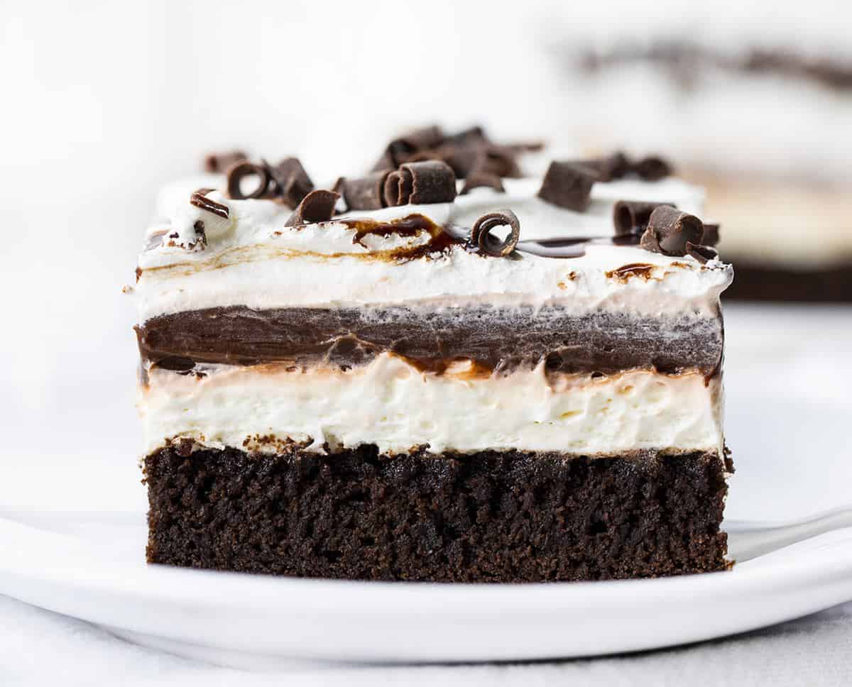 One Brownie Pudding Dessert Piece on a Plate Showing Individual Layers