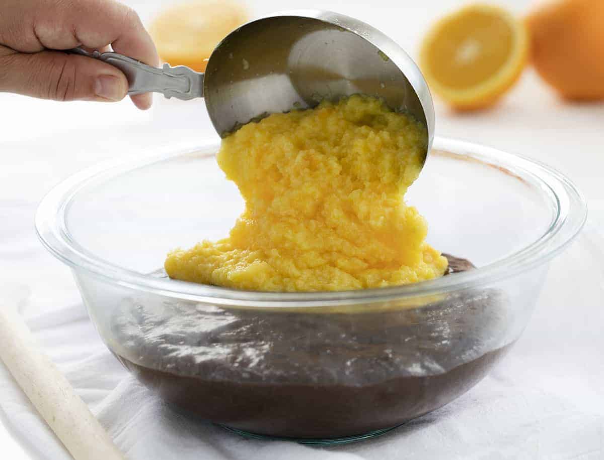 Adding Orange Puree to Chocolate Cake batter