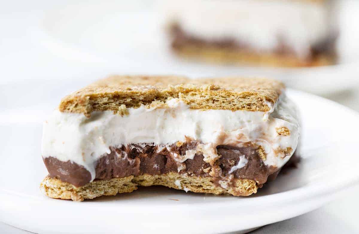 Frozen S'mores on a White Plate With Bite Taken Out