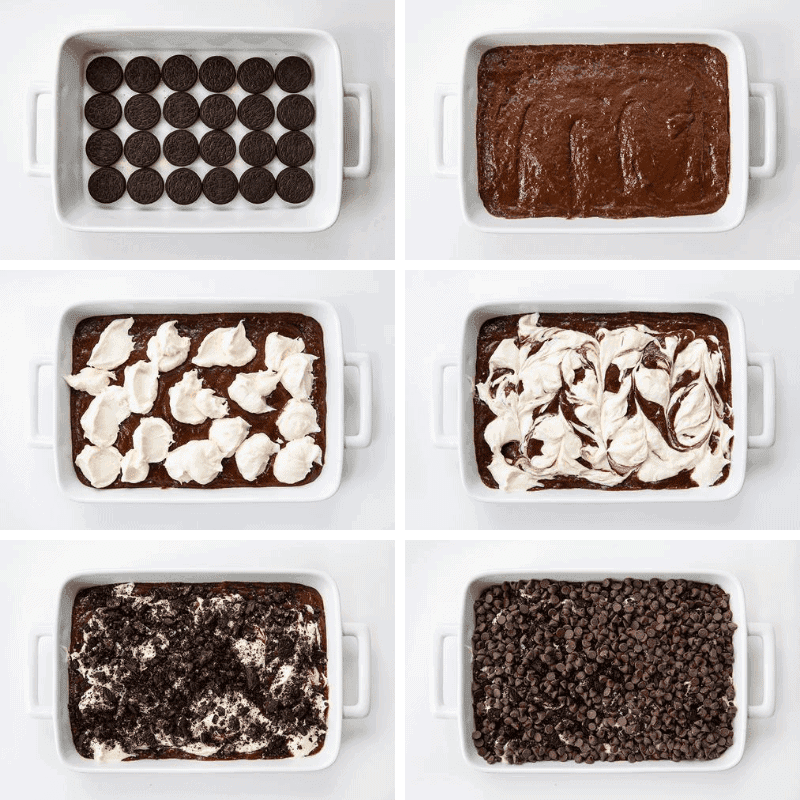 Process Shots of Layering the Ingredients in Oreo Earthquake Cake