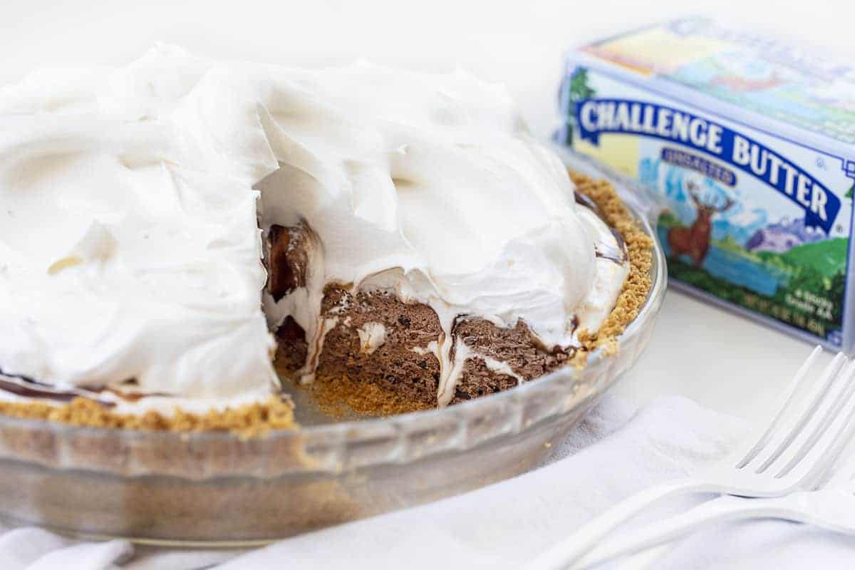 Chocolate Caramel Cheesecake Pie with Piece Removed Showing Gooey Interior - Phish Food Pie