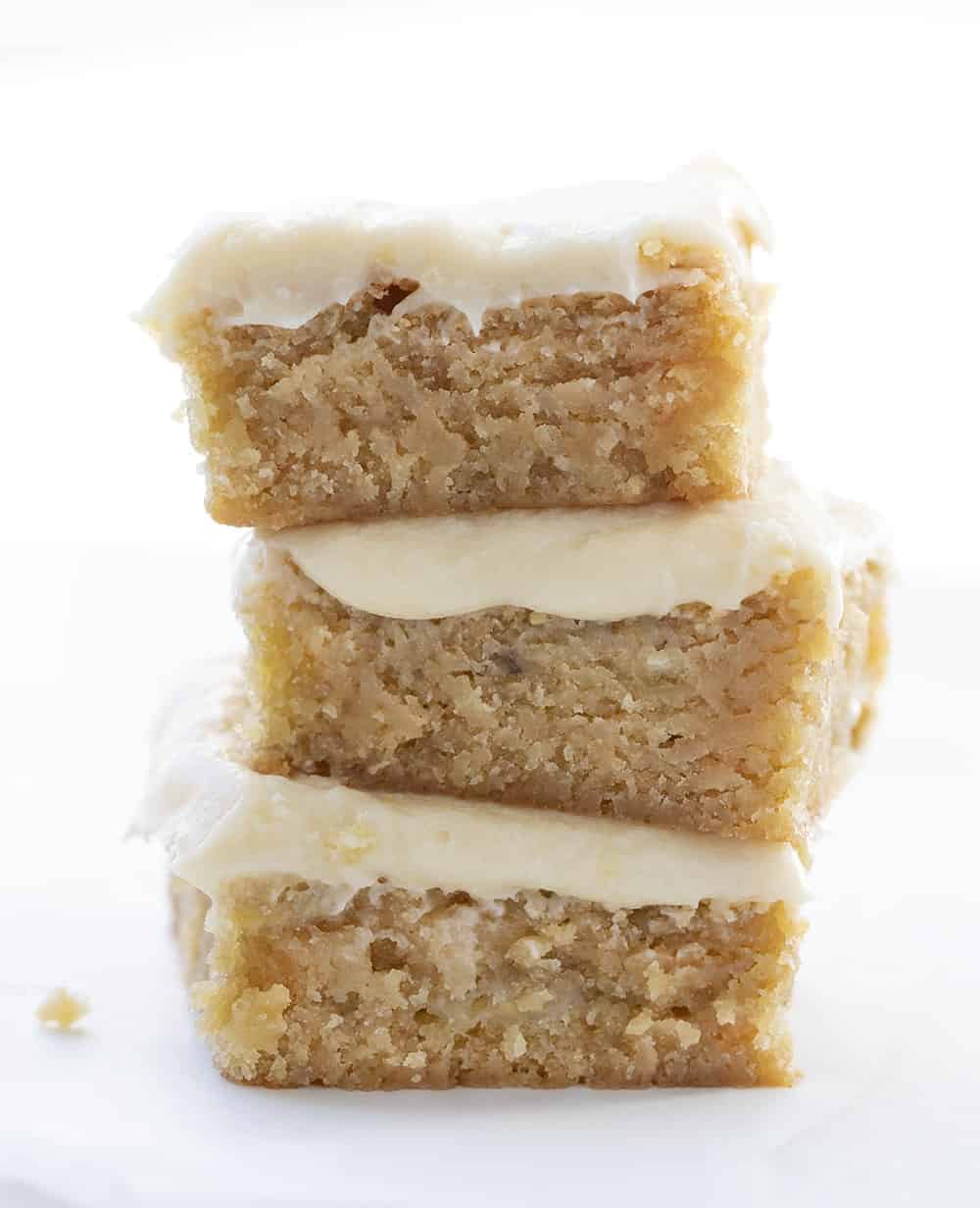 Ooey Gooey Banana Bars with Salted Caramel Frosting Stacked 3 High