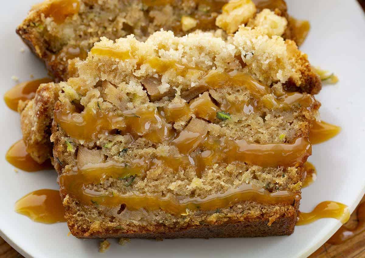 Apple Zucchini Bread on Plate with Caramel Drizzle