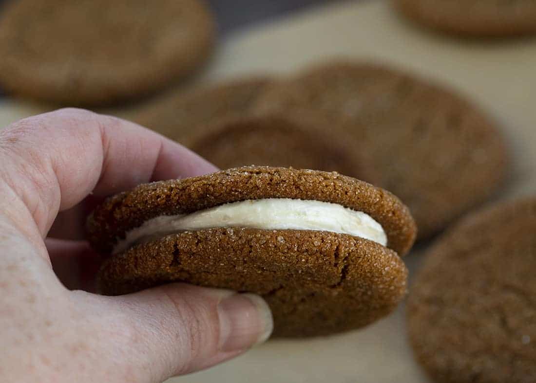 Hand Holding Ginger Cookie Sandwiches