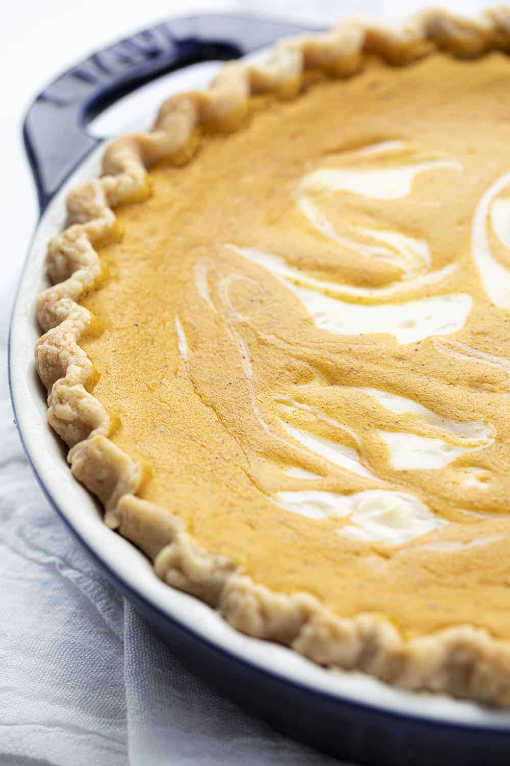 Pumpkin Cream Cheese Pie in Blue Pie Pan