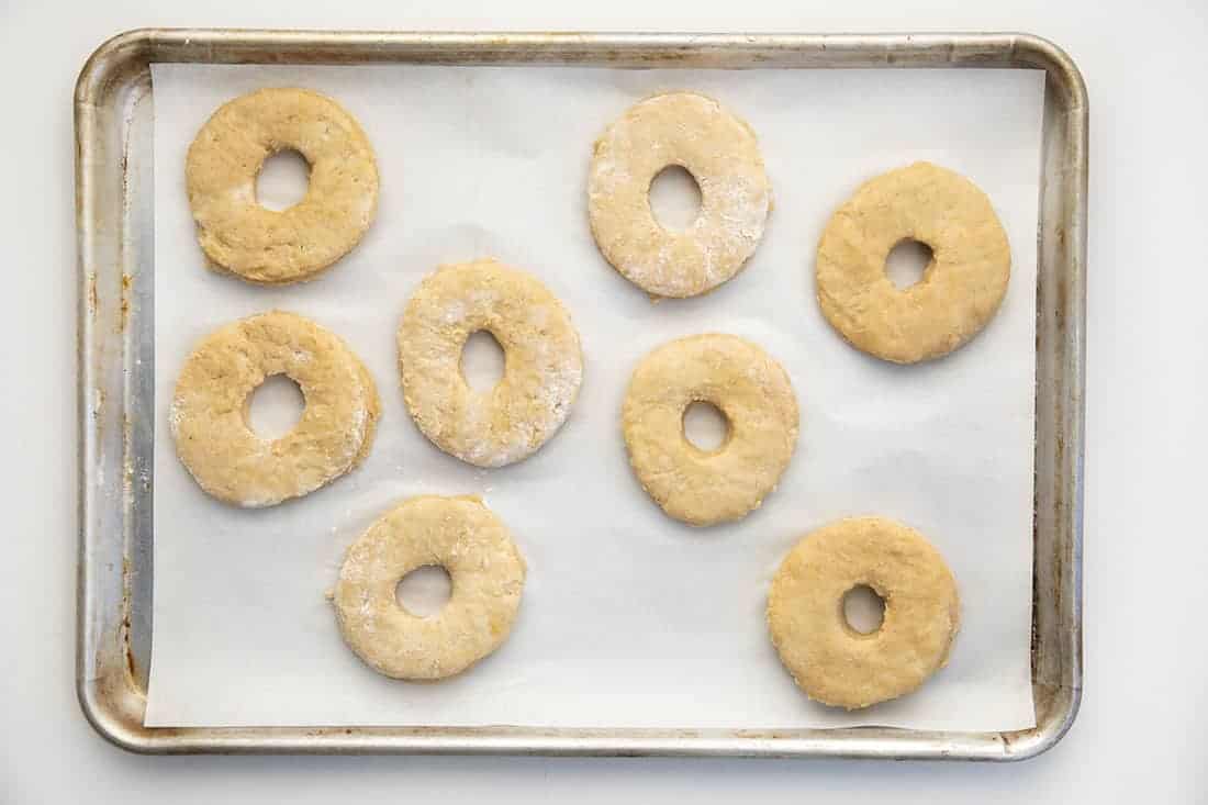 Raw Apple Cider Donuts on Sheet Pan