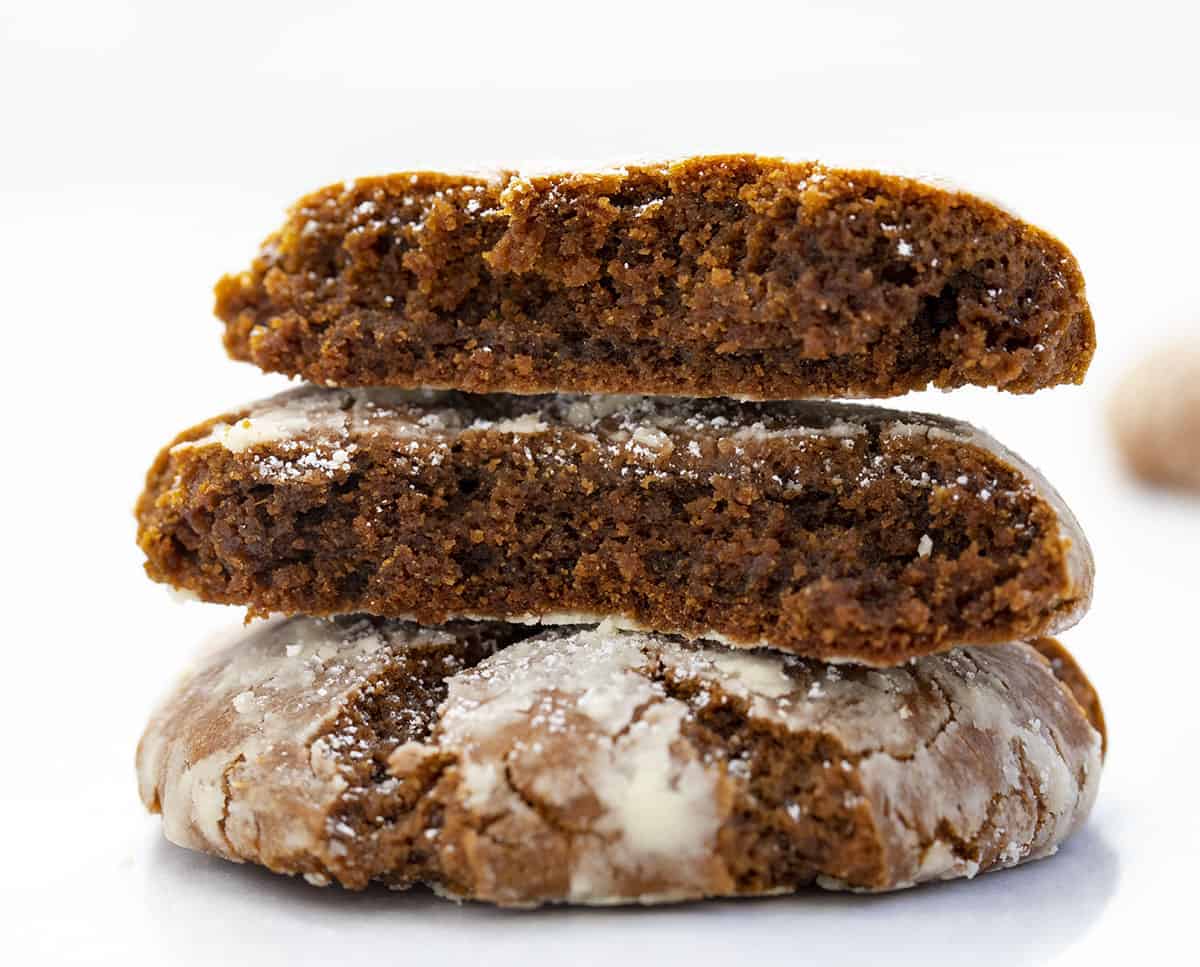 Gingerbread Crinkle Cookies Stacked and Showing the Inside Texture