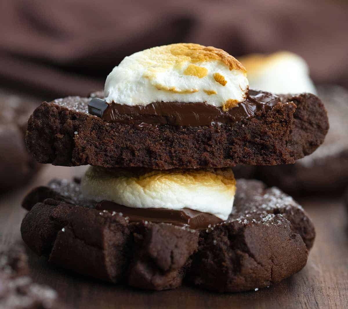 Chocolate Marshmallow Cookies Stacked and Showing Inside