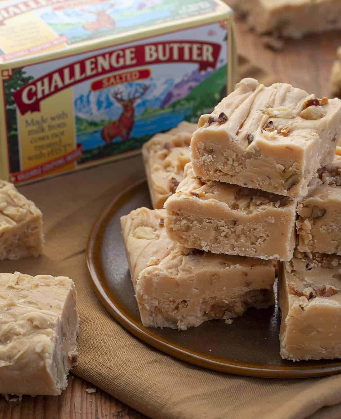 Maple Walnut Fudge Recipe Stacked on Plate