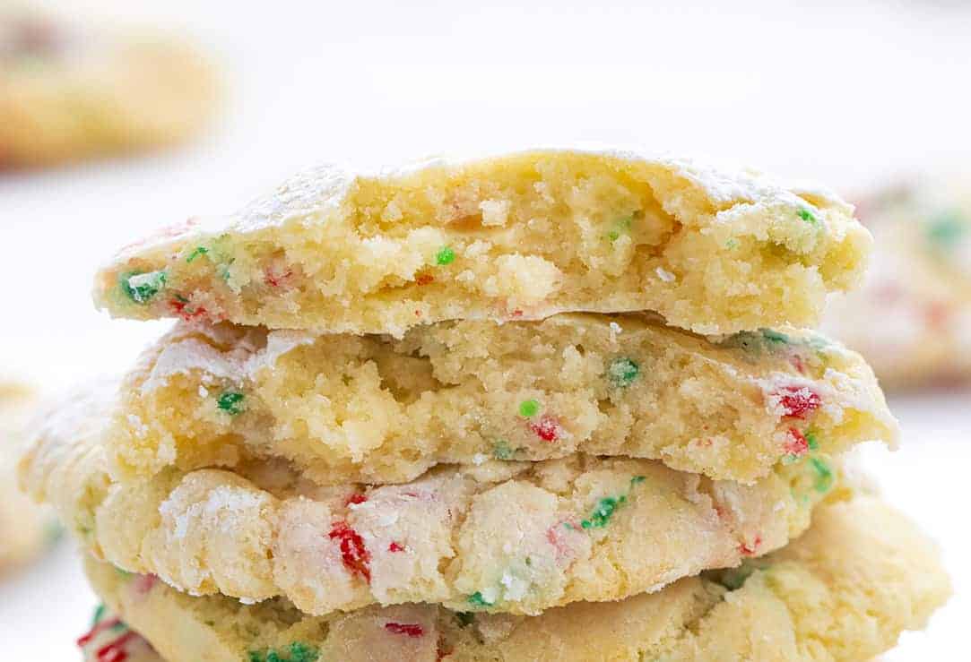 Christmas Ooey Gooey Butter Cookies Stacked Showing Inside Texture
