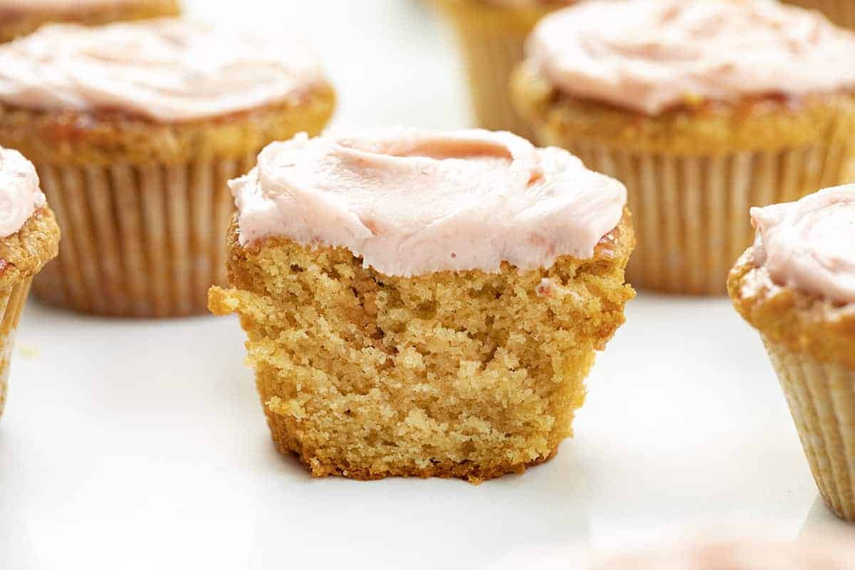 Cut Into Peanut Butter and Jelly Cupcake Showing Inside