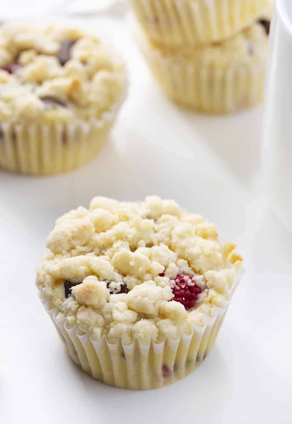 Raspberry Chocolate Muffins on White Counter