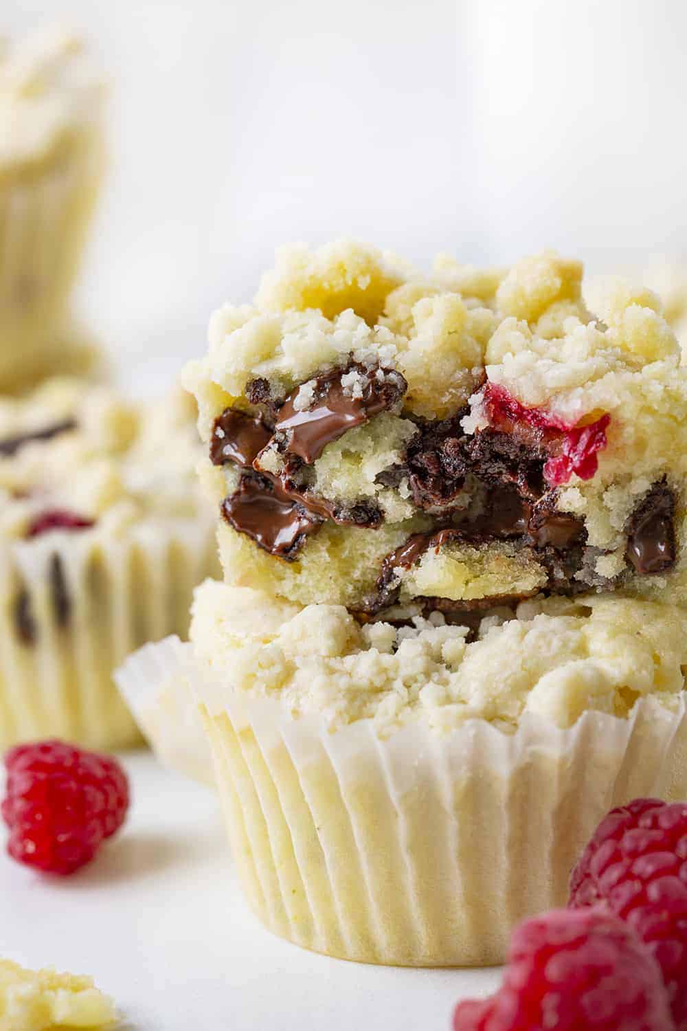 Raspberry Chocolate Muffin Stacked and Showing Inside