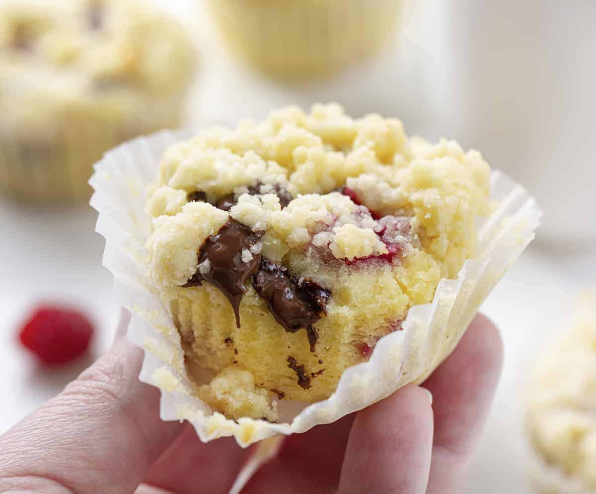 Hand Holding Raspberry Chocolate Muffins Recipe