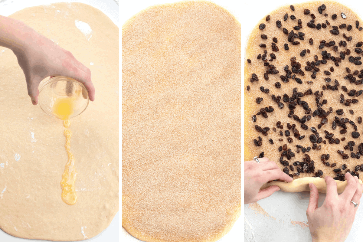 How to Make Homemade Cinnamon Raisin Bread - adding butter, cinnamon sugar, raisins