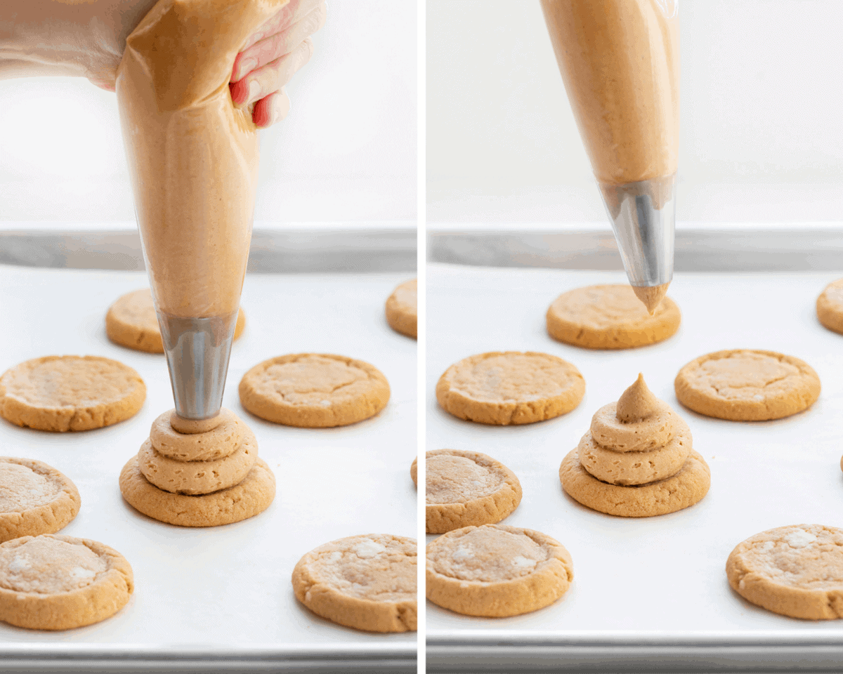 Piping Peanut Butter Frosting onto Peanut Butter Hi Hat Cookies