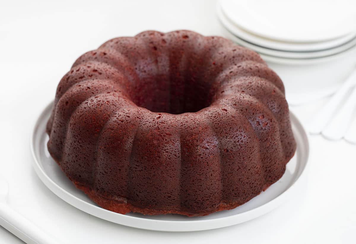 Whole Unfrosted Red Velvet Pound Cake on Cake Platter