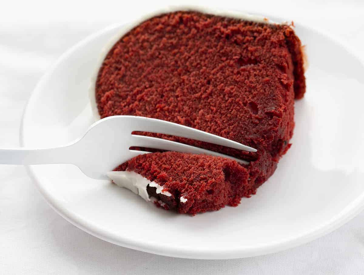 Fork Taking Bite of Red Velvet Pound Cake 