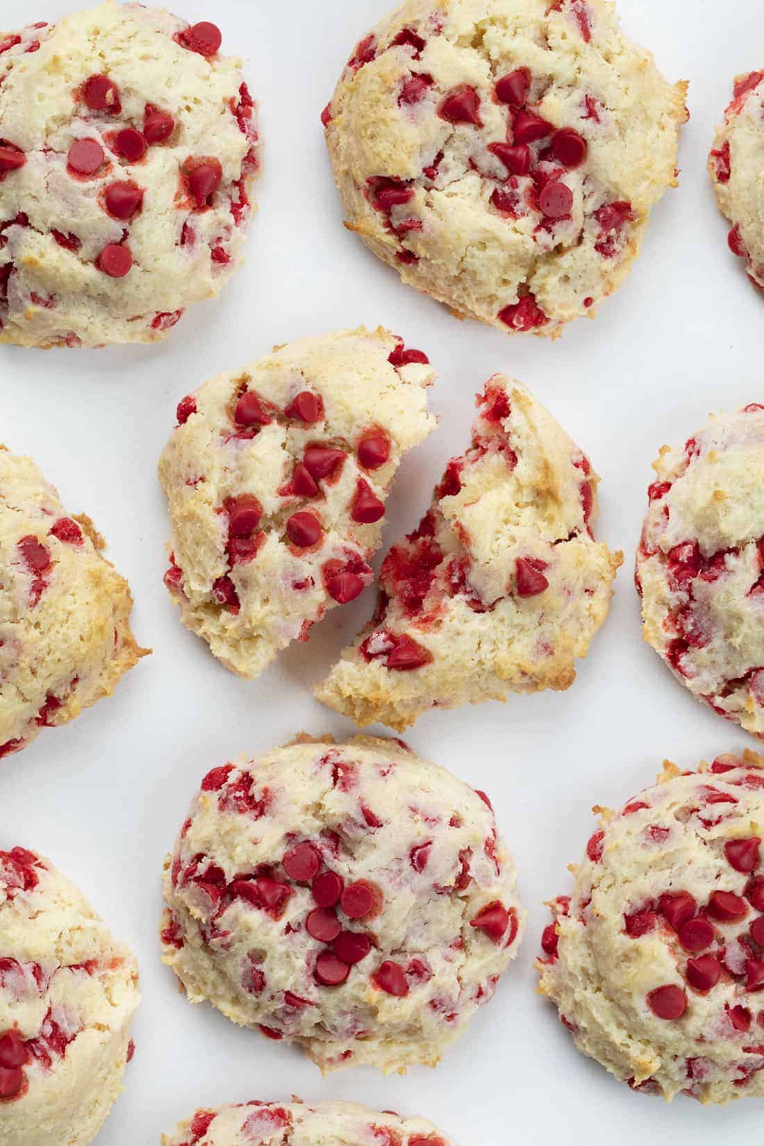 Cherry Chip Cookies from Overhead with One Broken