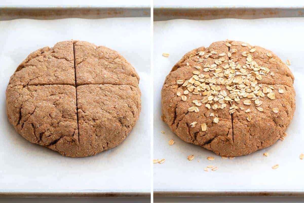 Steps for Scoring and Adding Oats to Irish Soda Bread