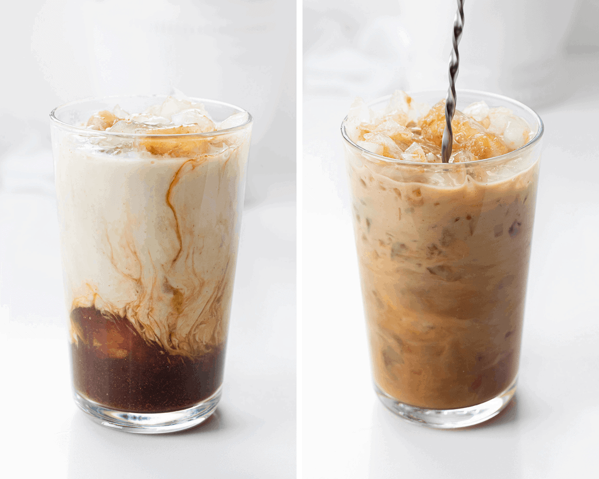 Stirring the Starbucks Brown Sugar Oat Milk Espresso Recipe