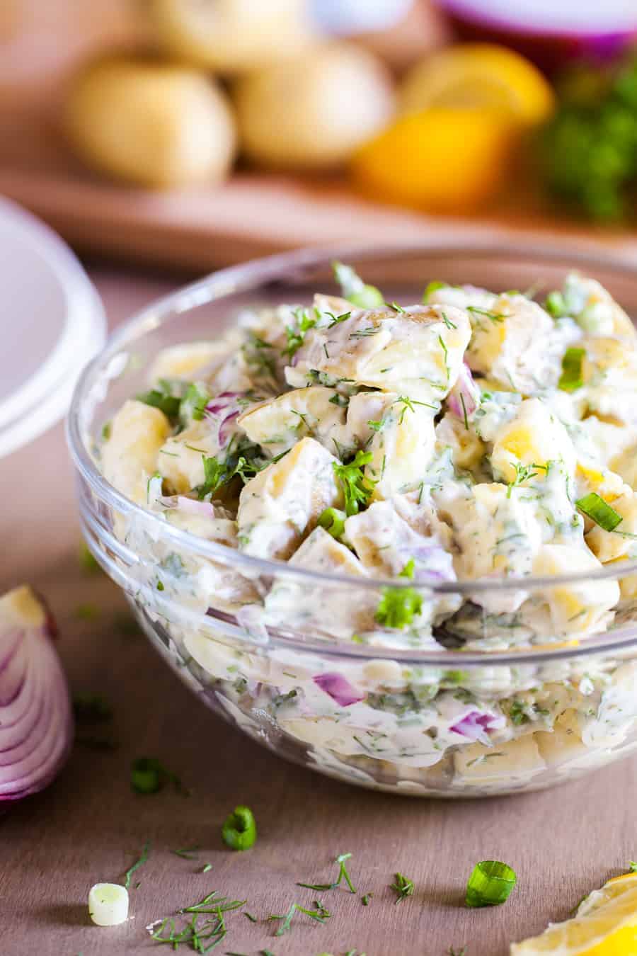 Country Potato Salad in a Glass Bowl