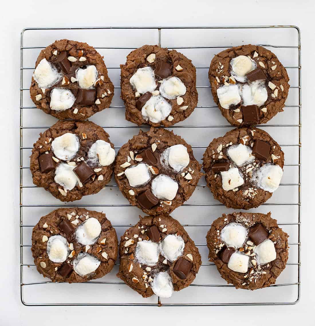 Rocky Road Cookies from Overhead on Cooling Rack