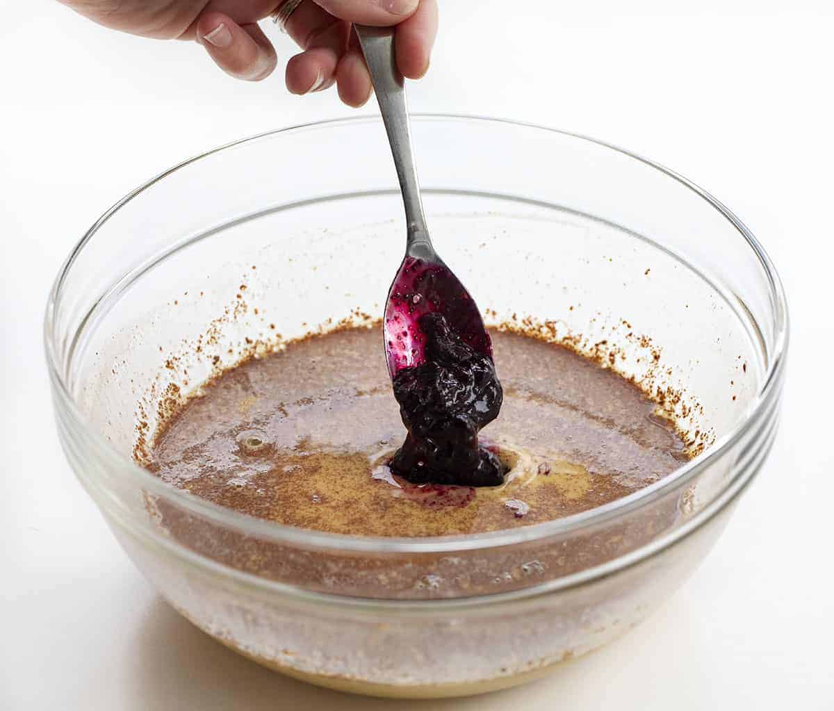 Adding Blueberry Sauce to Blueberry French Toast Batter