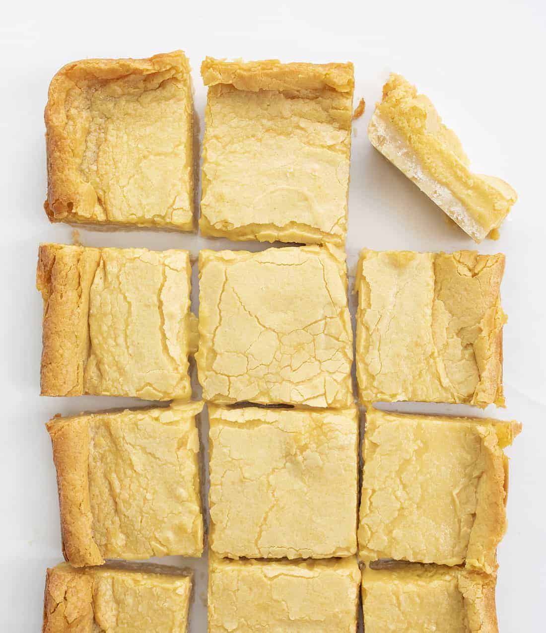 Overhead of Ooey Gooey Butter Bars Cut Into Pieces