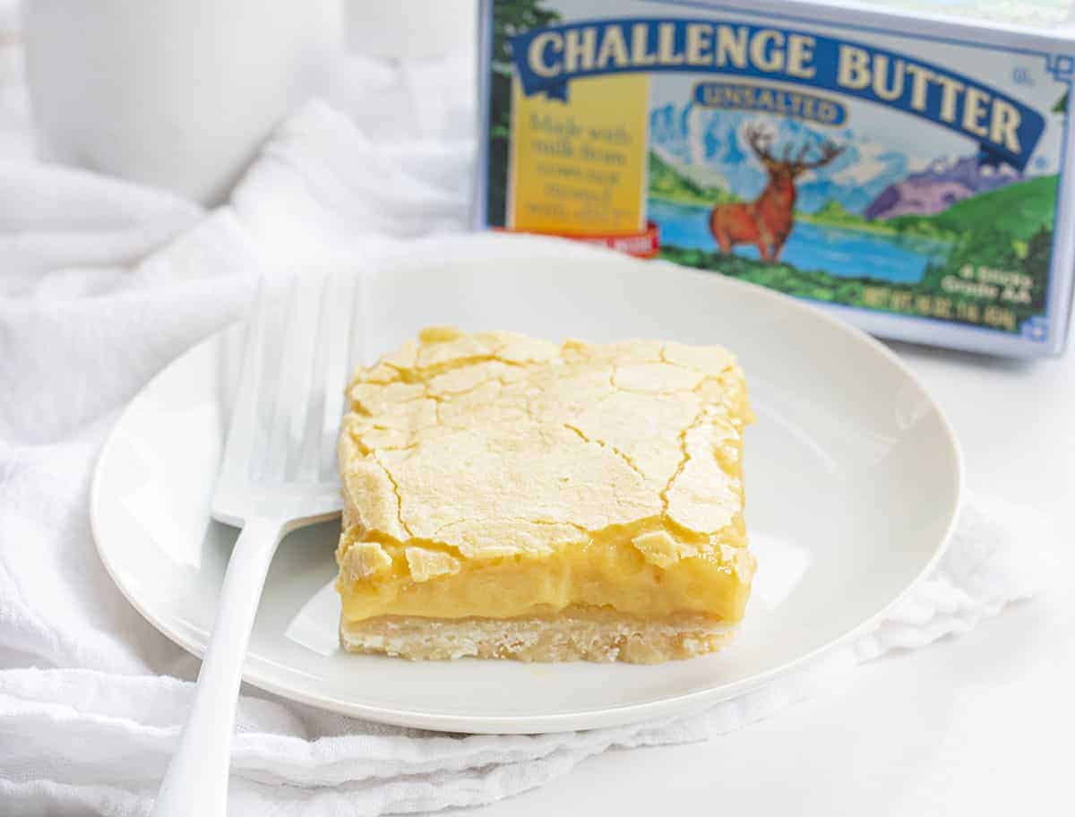 Ooey Gooey Butter Bar on White Plate with Fork