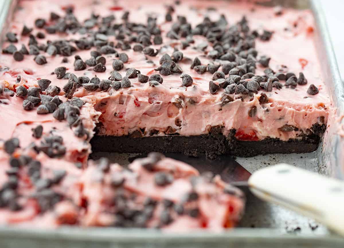 Chocolate Cherry Pie Bars in a Pan with Spatula