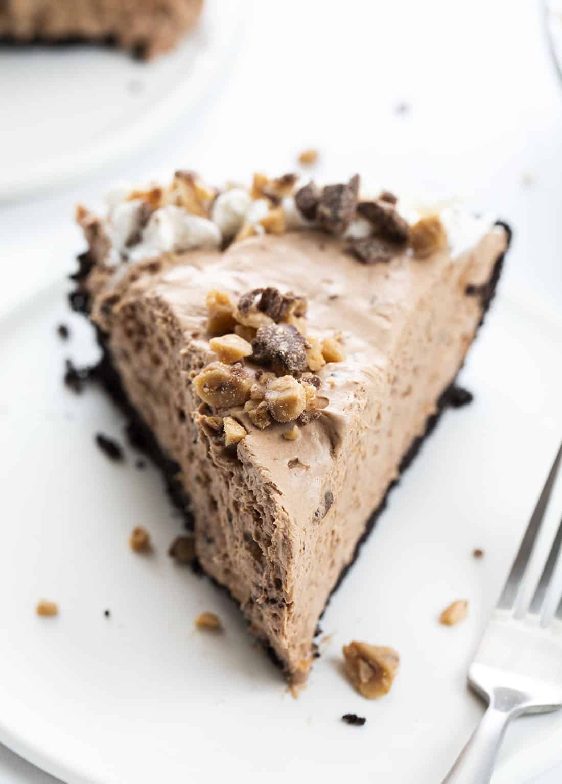 One Slice of Chocolate Heath Pie on Plate with Fork