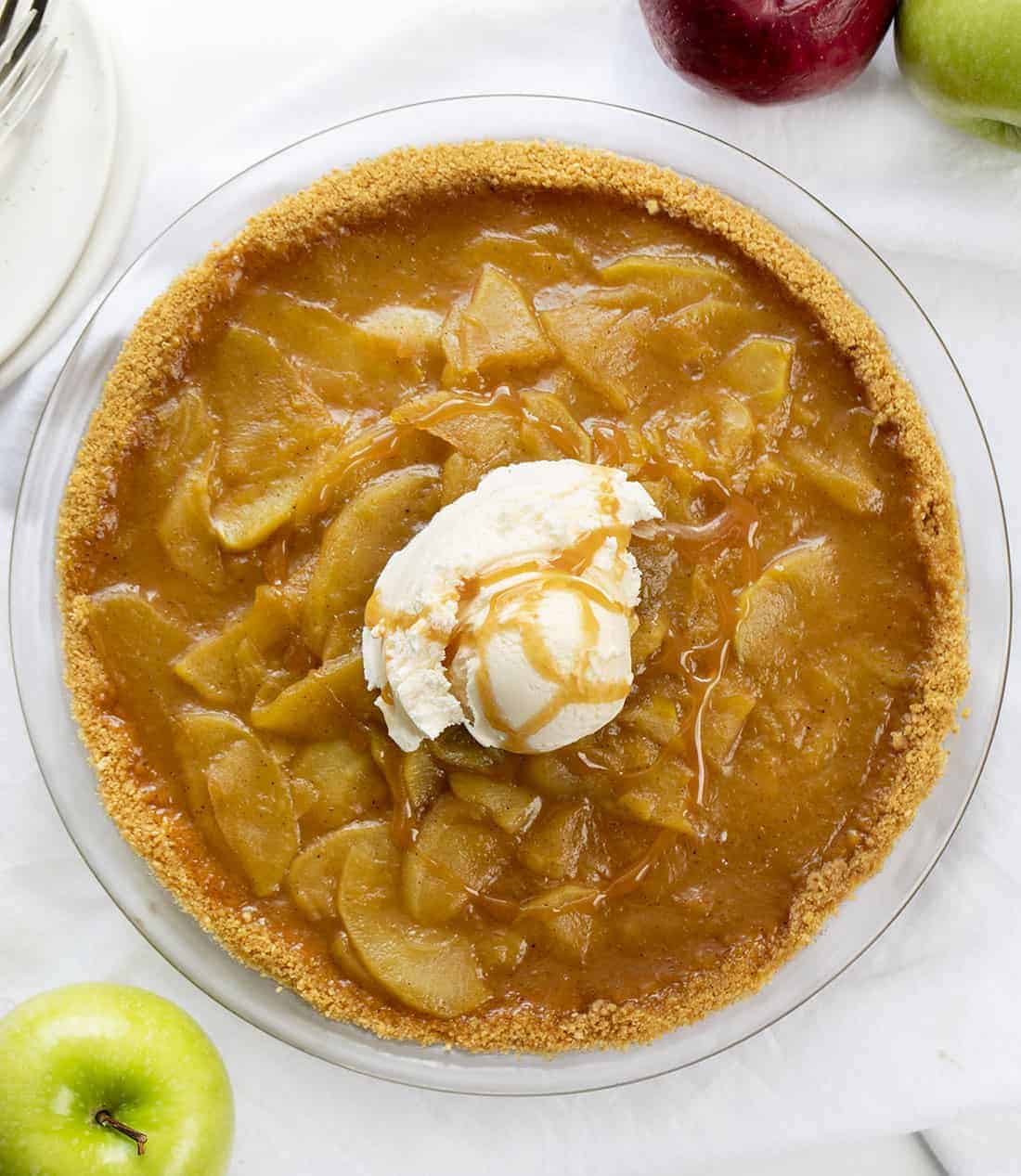 No Bake Apple Pie Recipe in Glass Pie Dish from Overhead