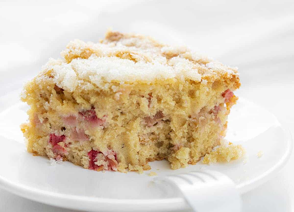 Piece of Rhubarb Cake with Bite Taken Out