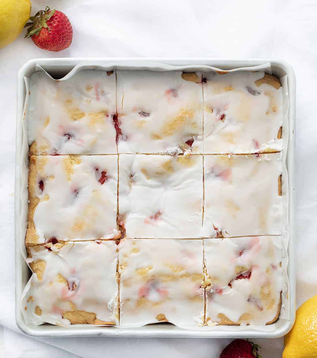 Pan of Strawberry Lemon Blondies Cut Into Squares