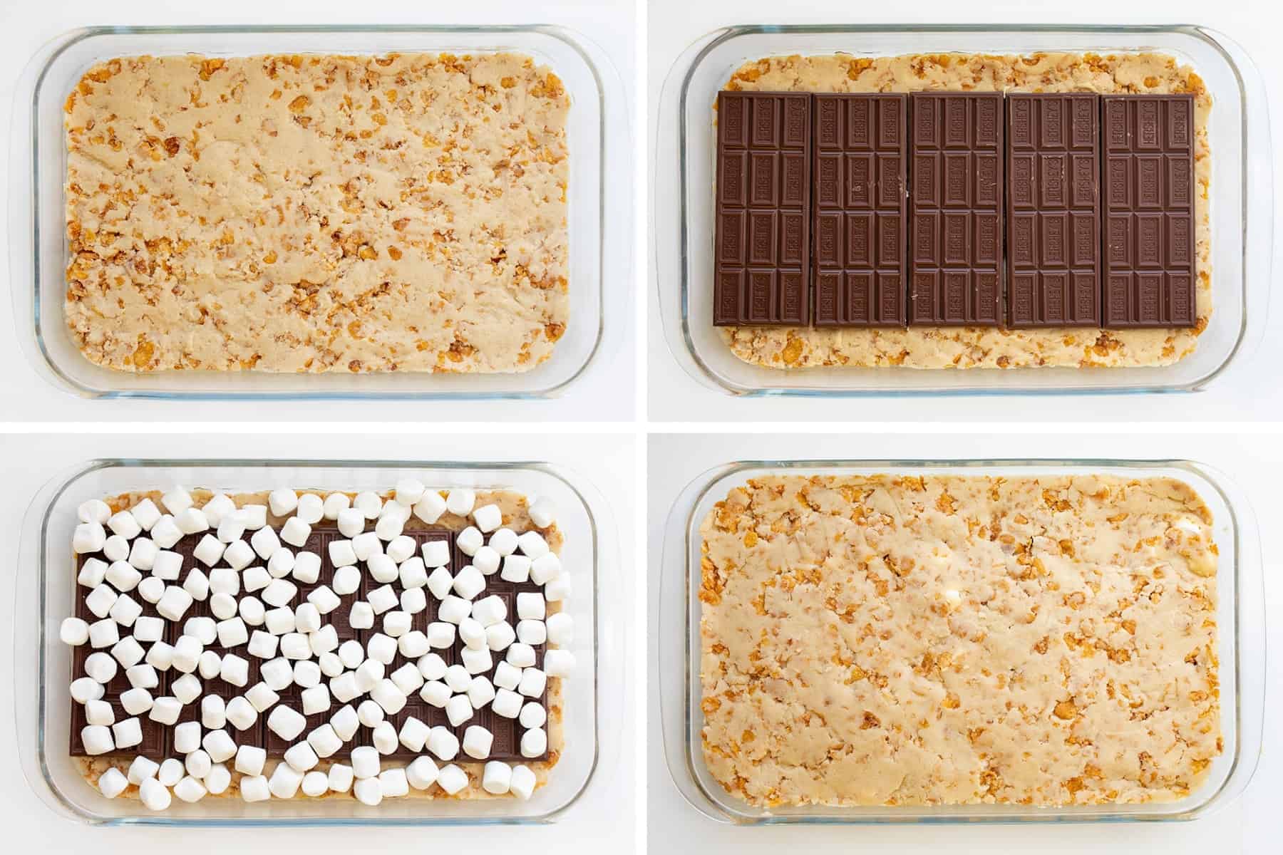 Layers for Cornflake Chocolate Marshmallow Bars starting with dough, chocolate, marshmallows, then more dough