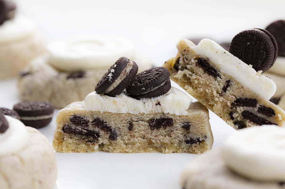 Cut Into Frosted Cookies and Cream Cookies Recipe - Copycat Crumbl Cookie Recipe
