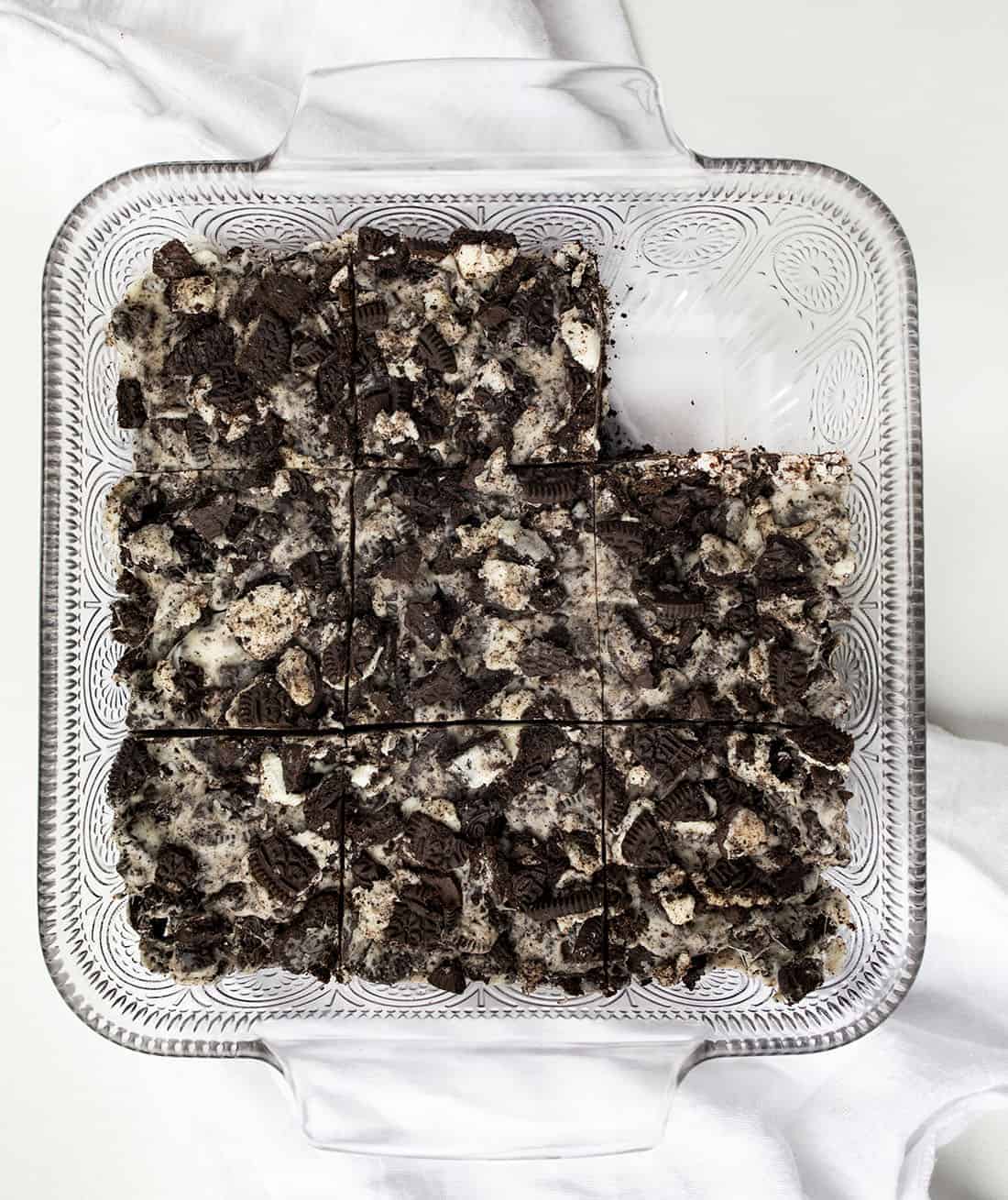 Overhead of Oreo Bars in Baking Dish