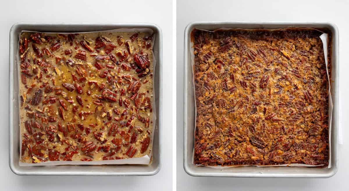 Before and after of Pecan Pie Shortbread Bars.