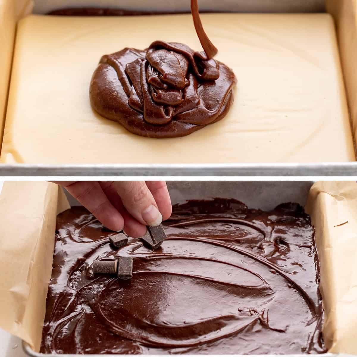 Adding Brownie Batter on Top of Caramel Layer then adding chocolate chunks on top for 24 Hour Caramel Brownies