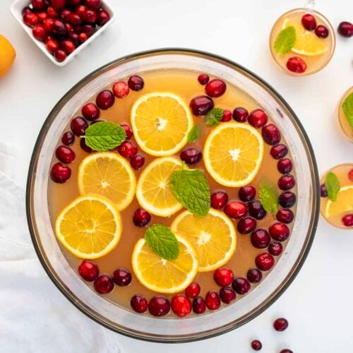 Overhead of glass bowl filled with Christmas Punch